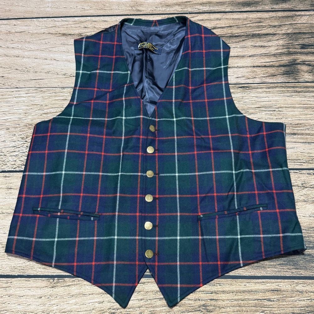 Brooks Brothers Vest Mens Large Blue Green Tartan Plaid Waistcoat Brass Button